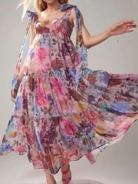 Francesca's Alahna Mauve Floral Tiered Dress with Purple Accents